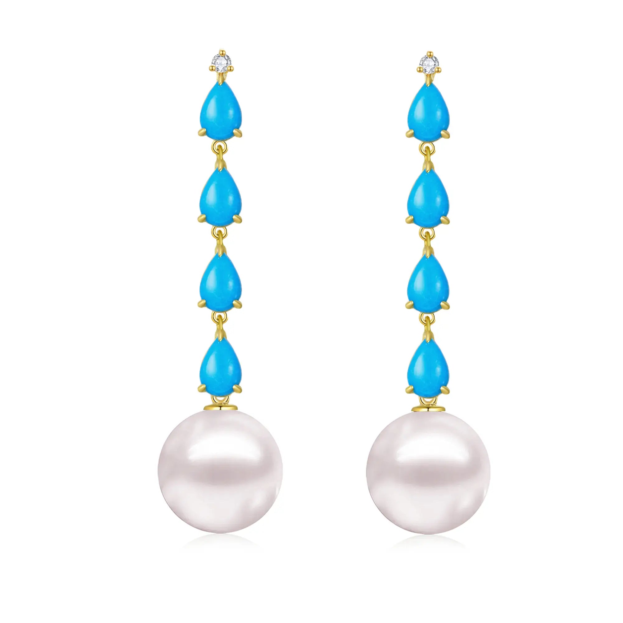 Rythm Natural Turquoise Diamond and Pearl Drop Earrings 18k yellow gold 