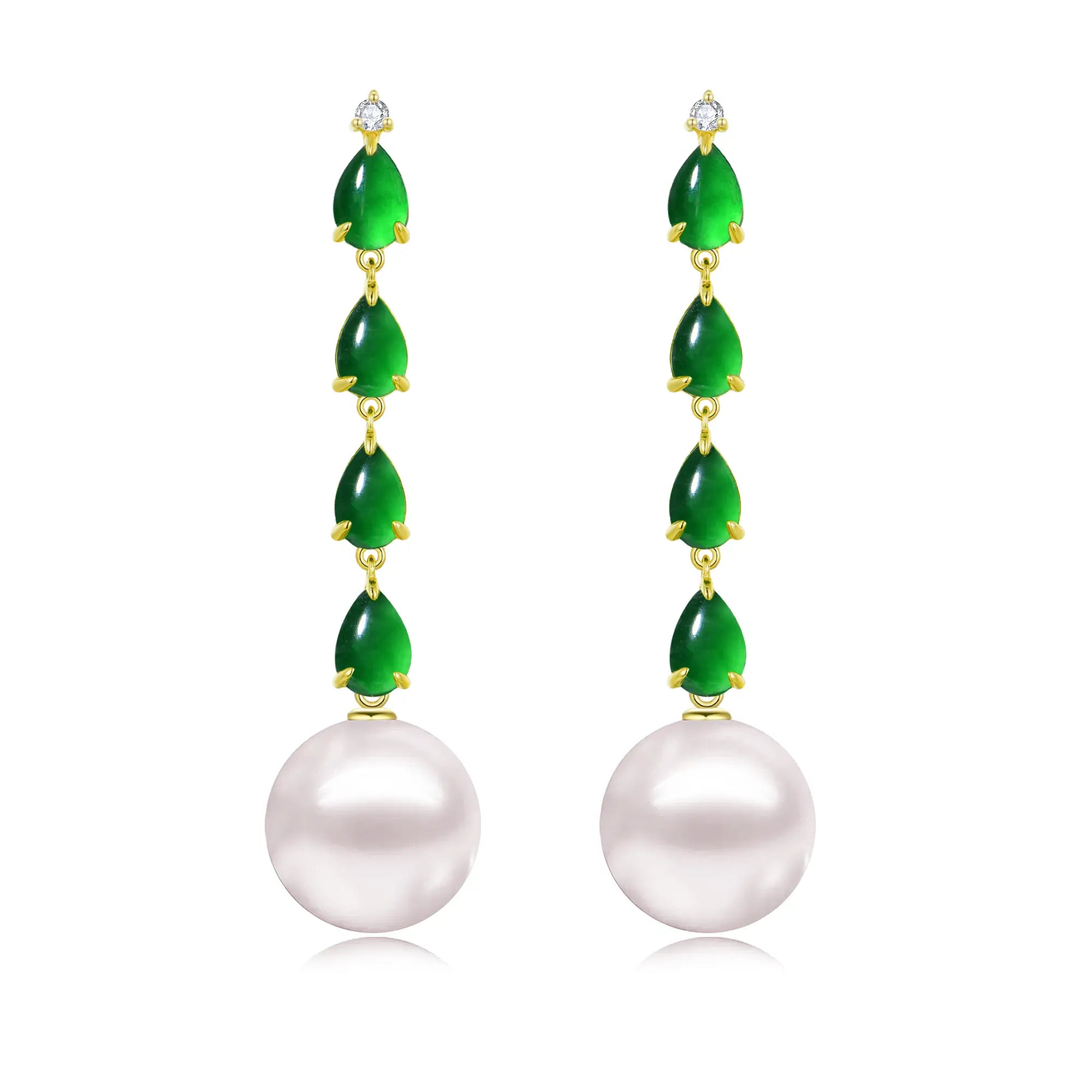 Rhythm Natural Jadeite Diamond and Pearl Drop Earrings 14k yellow gold