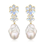 Natural Rainbow Moonstone Diamond Double Blossom Pearl Convertible Drop Earrings 14k yellow gold