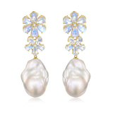 Natural Rainbow Moonstone Diamond Double Blossom Pearl Convertible Drop Earrings 14k yellow gold