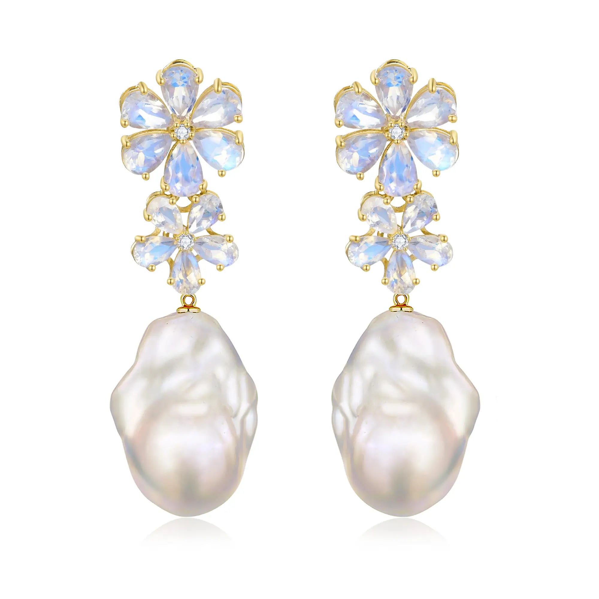 Natural Rainbow Moonstone Diamond Double Blossom Pearl Convertible Drop Earrings 14k yellow gold
