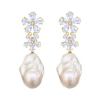 Moonstone Diamond Double Blossom Pearl Convertible Drop Earrings
