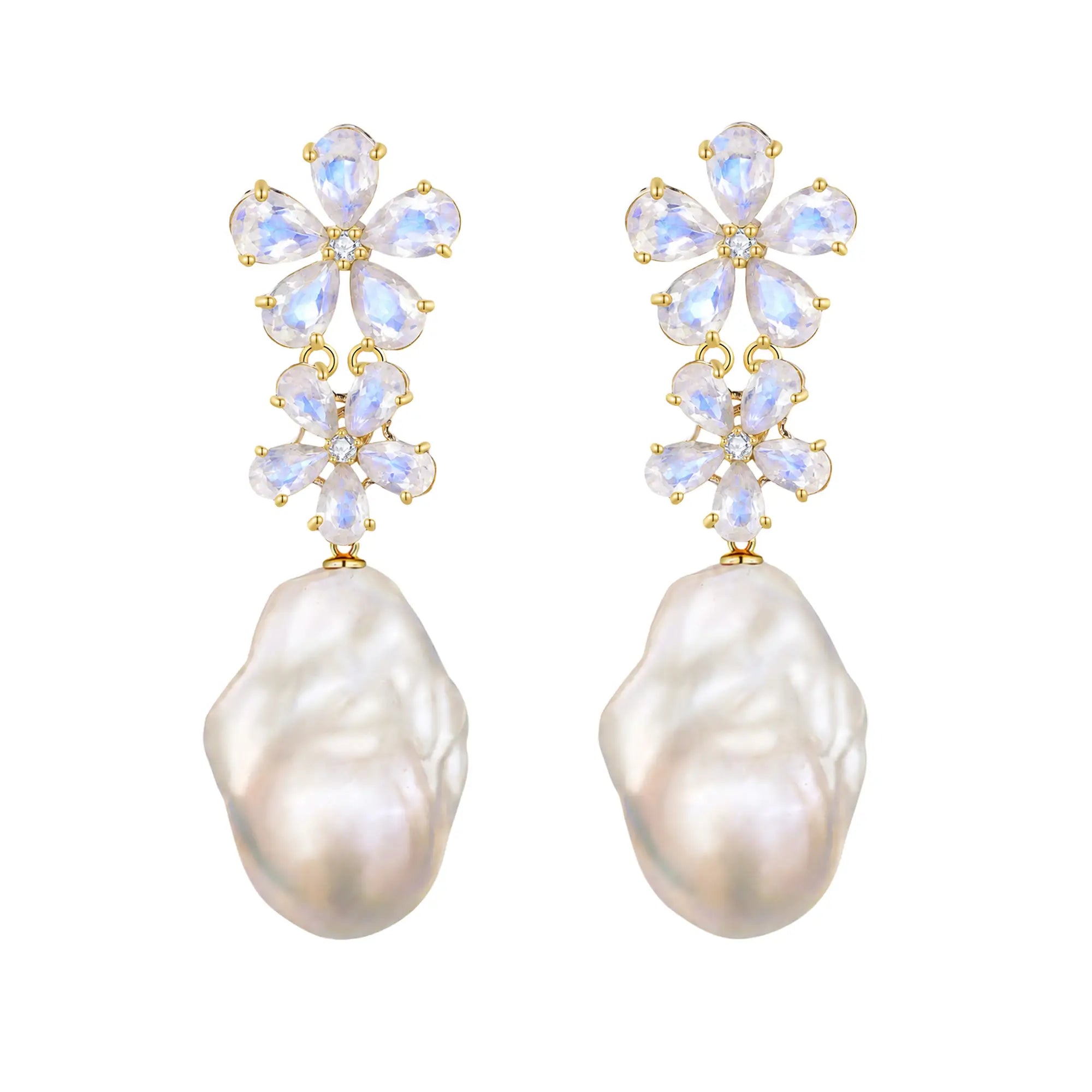 Moonstone Diamond Double Blossom Pearl Convertible Drop Earrings