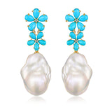 Turquoise Diamond Double Blossom Baroque Pearl Convertible Drop Earrings