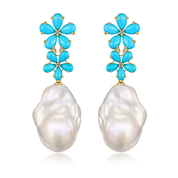 Turquoise Diamond Double Blossom Baroque Pearl Convertible Drop