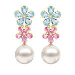 Natural Aquamarine Pink Sapphire Diamond Double Blossom with 12-13mm Cultured Pearl Convertible Drop Earrings in 14k yellow gold