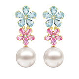 Natural Aquamarine Pink Sapphire Diamond Double Blossom with 12-13mm Cultured Pearl Convertible Drop Earrings in 14k yellow gold