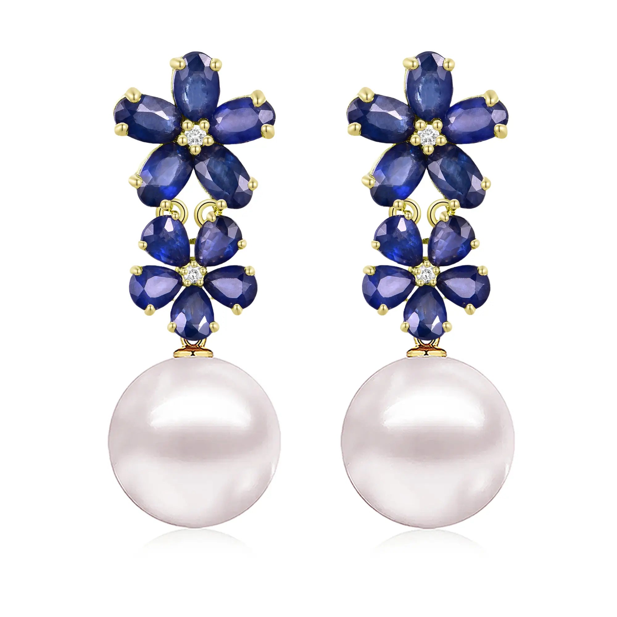 Natural blue Sapphire Diamond Double Blossom Pearl Convertible Drop Earrings in 14k gold