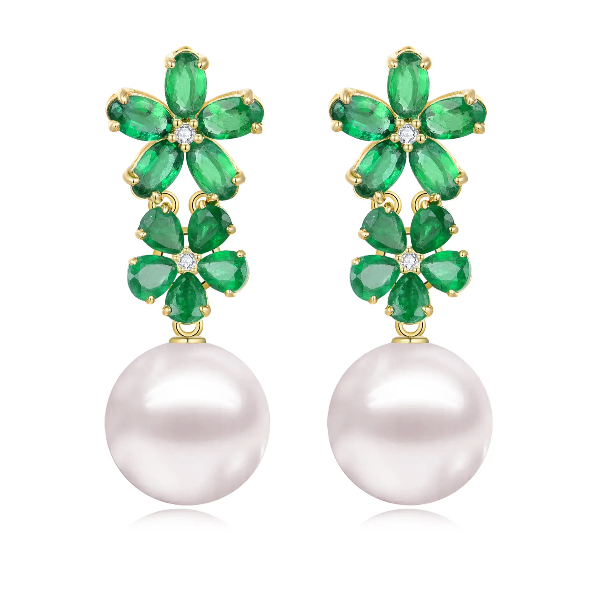 Natural Green Emerald Diamond Double Blossom Pearl Convertible Drop Earrings 14k yellow gold