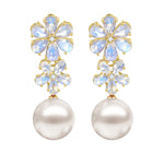 Natural Moonstone Diamond Double Blossom Baroque Pearl Convertible Drop Earrings 14k yellow gold