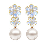 Natural Moonstone Diamond Double Blossom Baroque Pearl Convertible Drop Earrings 14k yellow gold