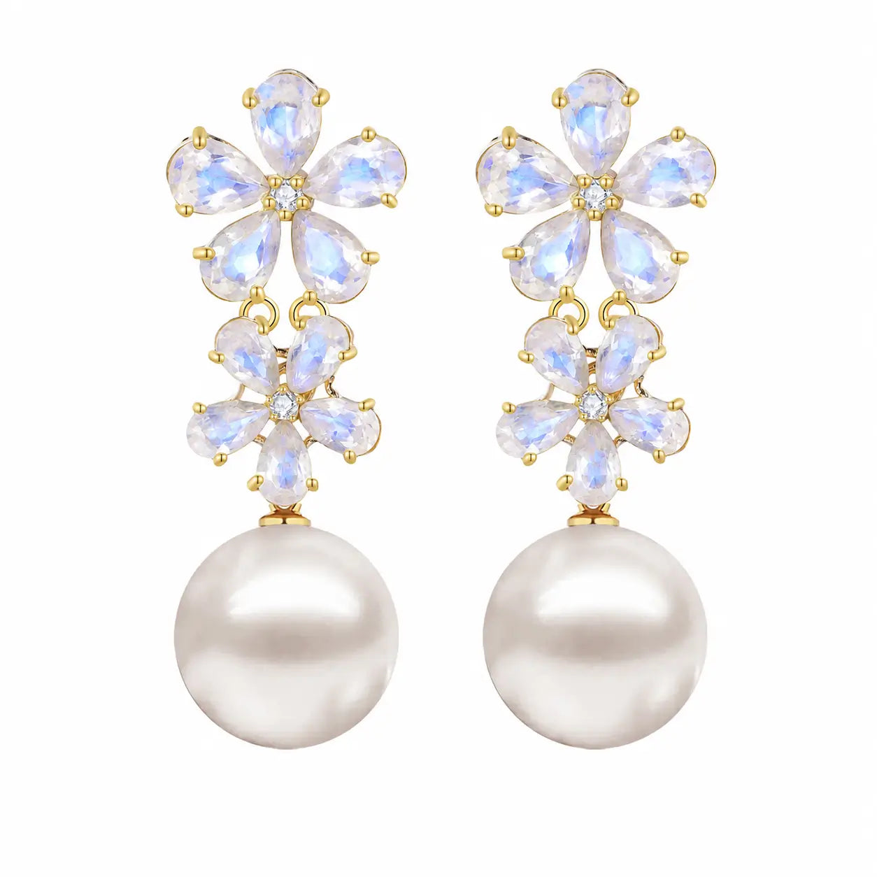 Moonstone Diamond Double Blossom Pearl Convertible Drop Earrings