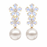Moonstone Diamond Double Blossom Pearl Convertible Drop Earrings