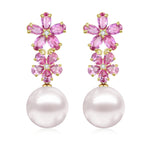 Pink Sapphire Diamond Double Blossom Pearl Convertible Drop Earrings 14k yellow gold