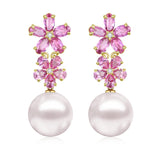 Pink Sapphire Diamond Double Blossom Pearl Convertible Drop Earrings 14k yellow gold