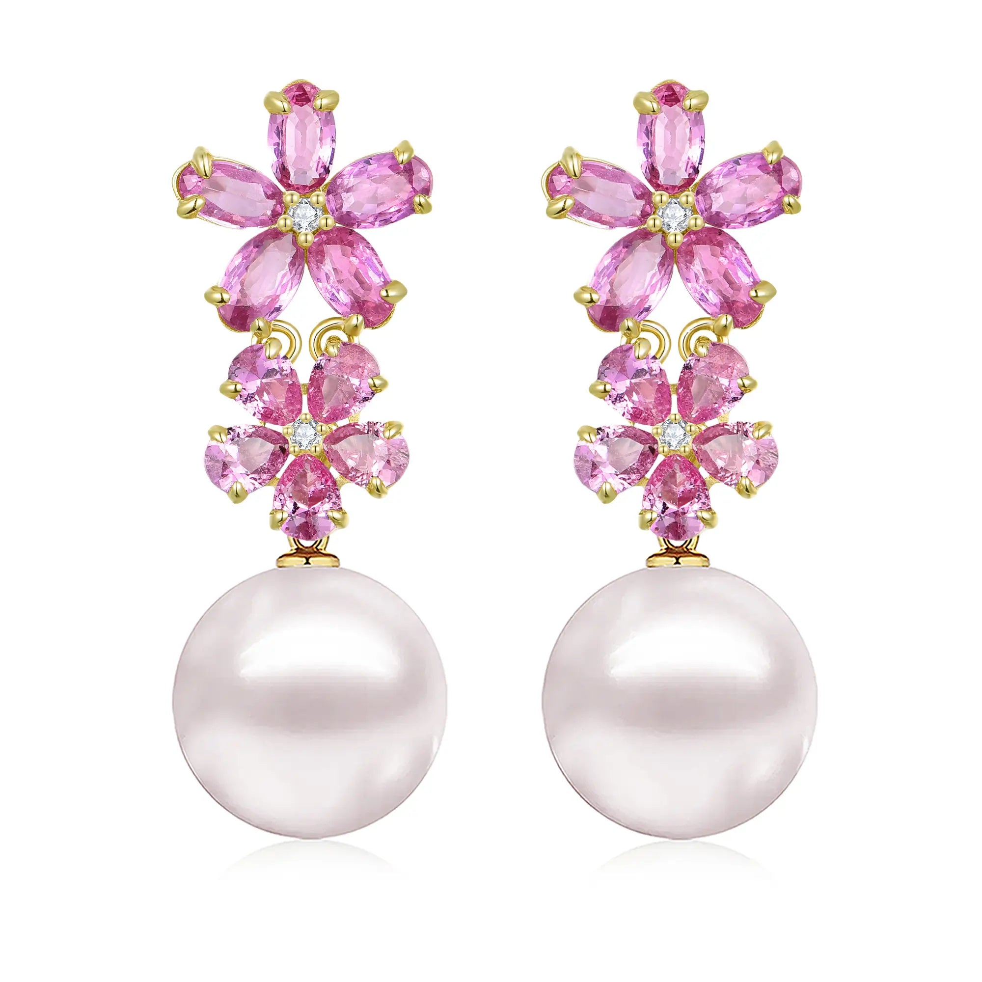 Pink Sapphire Diamond Double Blossom Pearl Convertible Drop Earrings 14k yellow gold