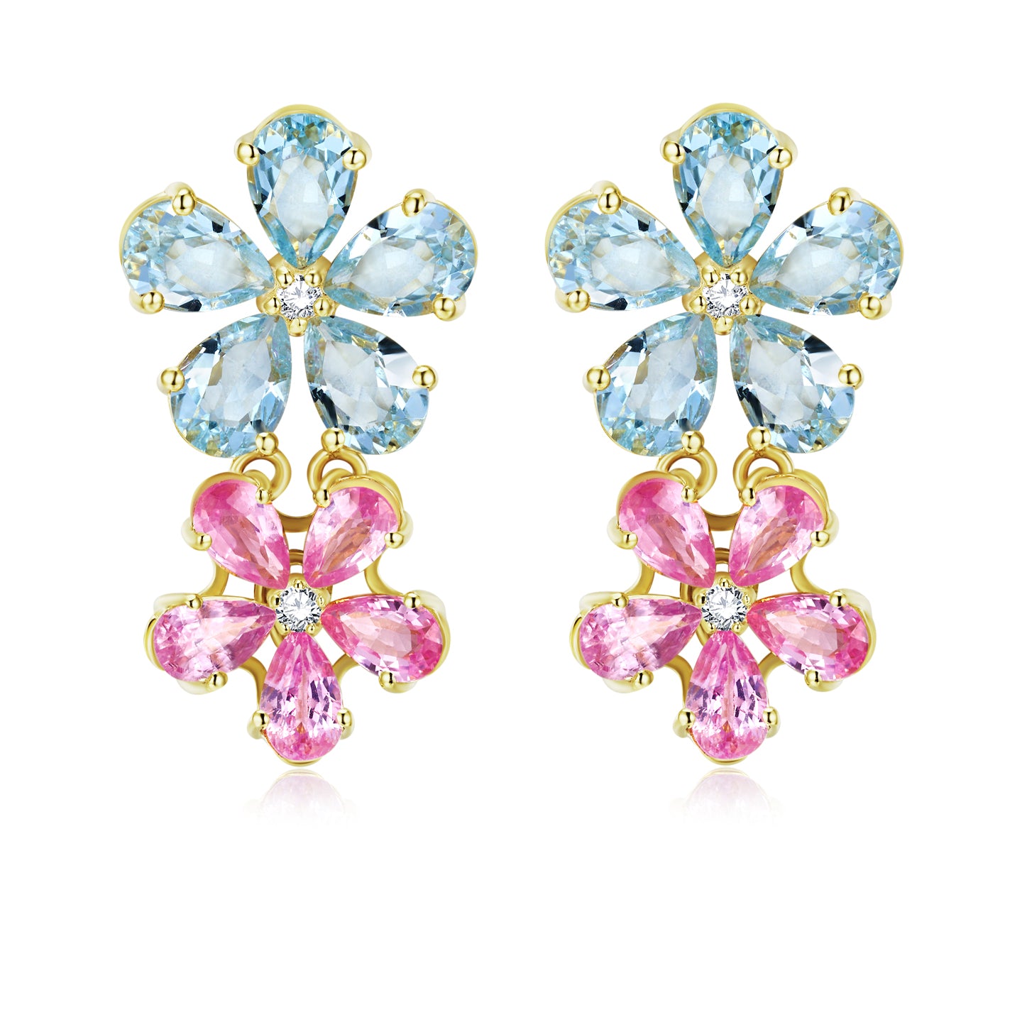 Aquamarine Pink Sapphire Diamond Double Blossom Pearl Convertible Drop Earrings