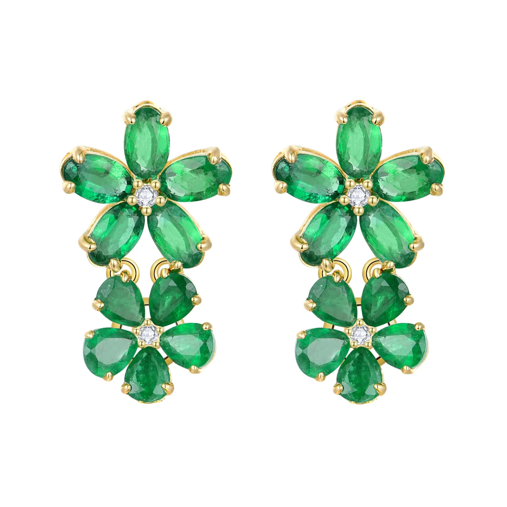 Natural Green Emerald Diamond Double Blossom Drop Earrings 14k yellow gold