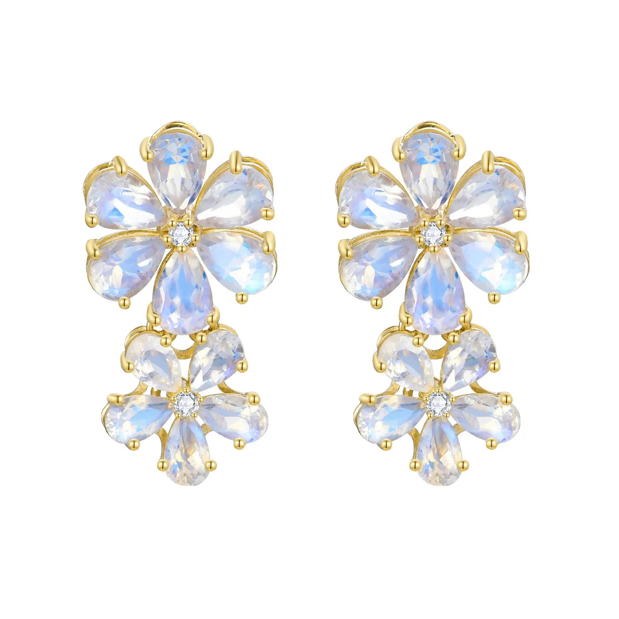 Natural Moonstone Diamond Double Blossom Drop Earrings 14k yellow gold