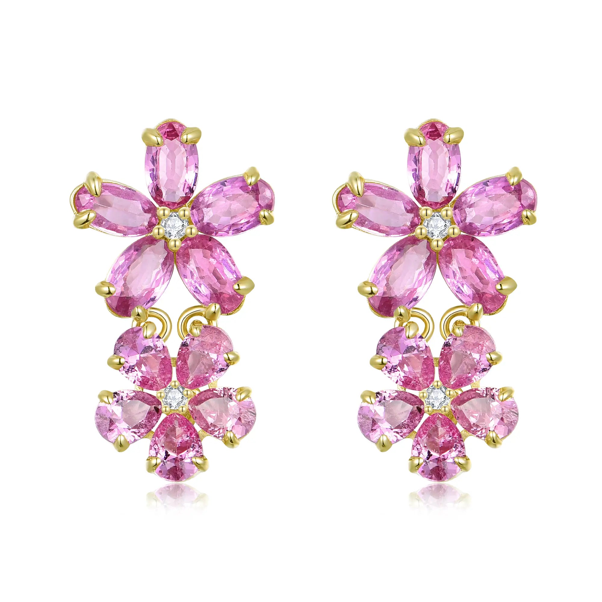 Natural Pink Sapphire Diamond Double Blossom Drop Earrings 14k yellow gold
