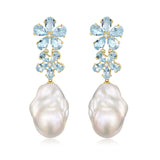 Aquamarine Diamond Double Blossom Baroque Pearl Convertible Drop Earrings