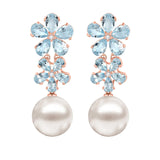 Aquamarine Diamond Double Blossom Pearl Convertible Drop Earrings