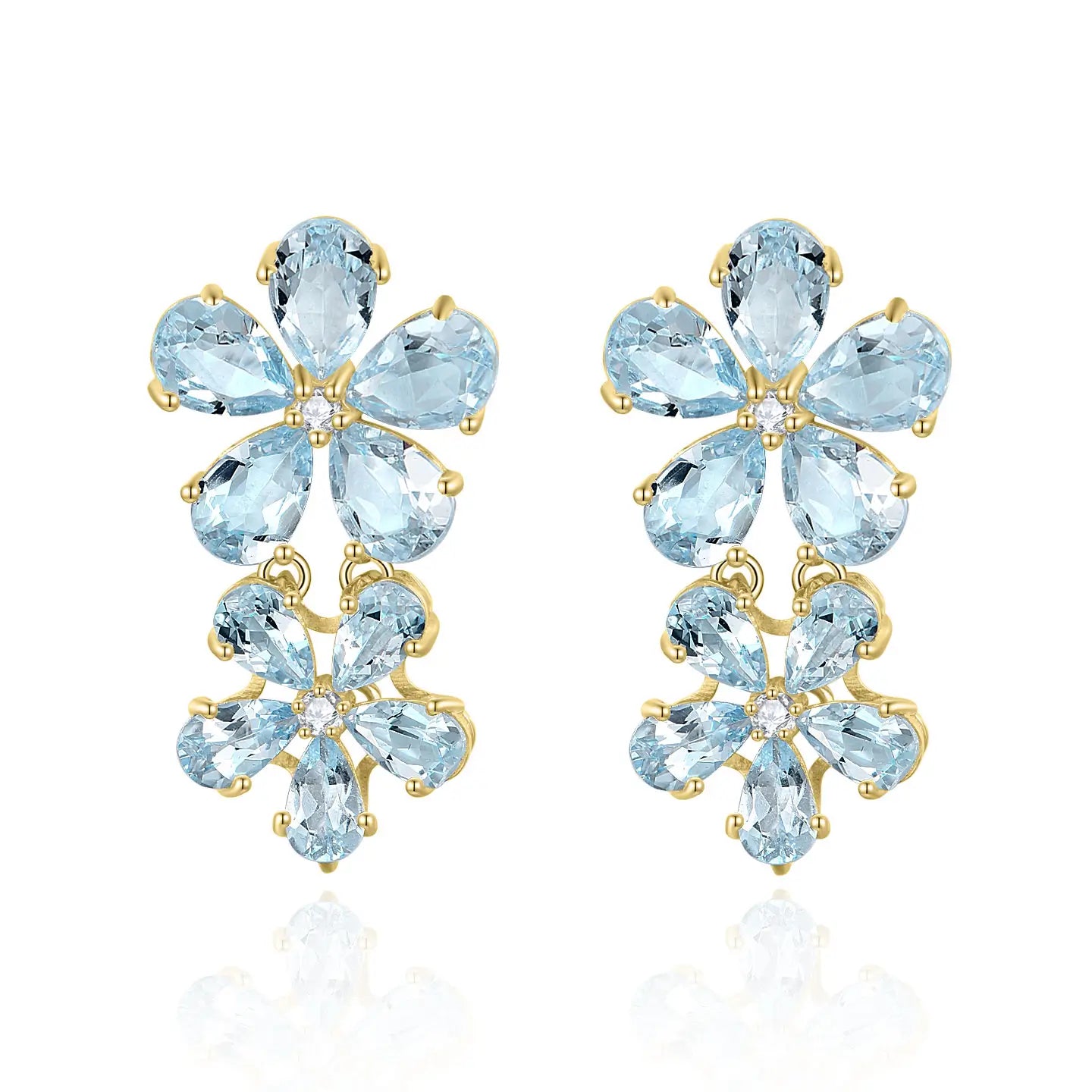 14k yellow gold aquamarine diamond Double Blossom Drop Earrings