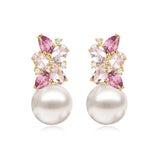Nina Zhou Elizabeth Natural Morganite, Pink Tourmaline and Diamond Cluster Pearl Convertible Drop Earrings 14k yellow gold