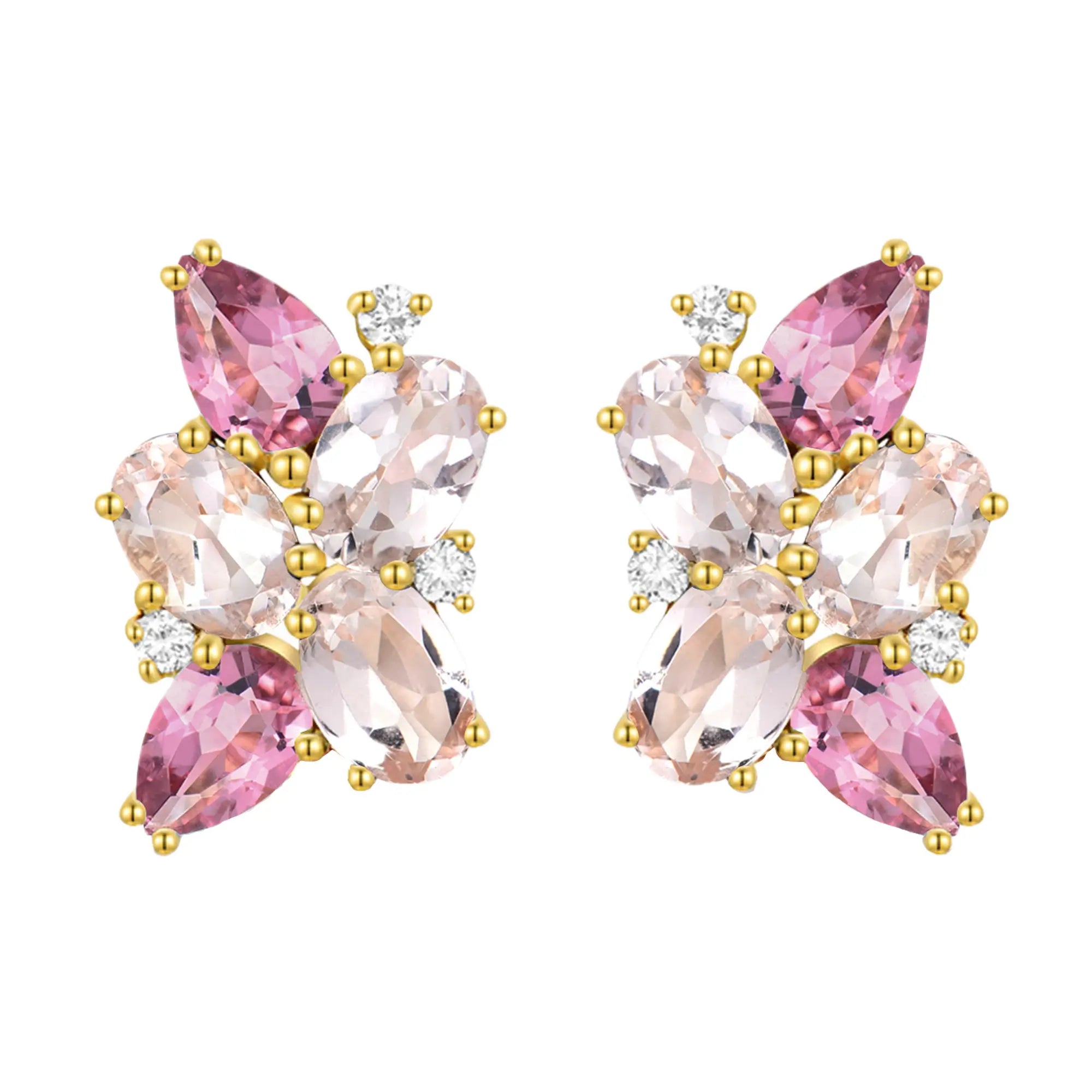 Elizabeth Natural Morganite, Pink Tourmaline and Diamond Cluster Earrings in 14K Gold