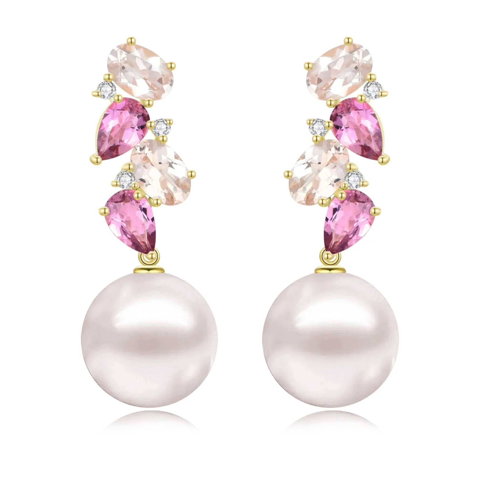 Nosa 14K Gold Natural Morganite, Pink Tourmaline and Diamond Pearl Drop Earrings