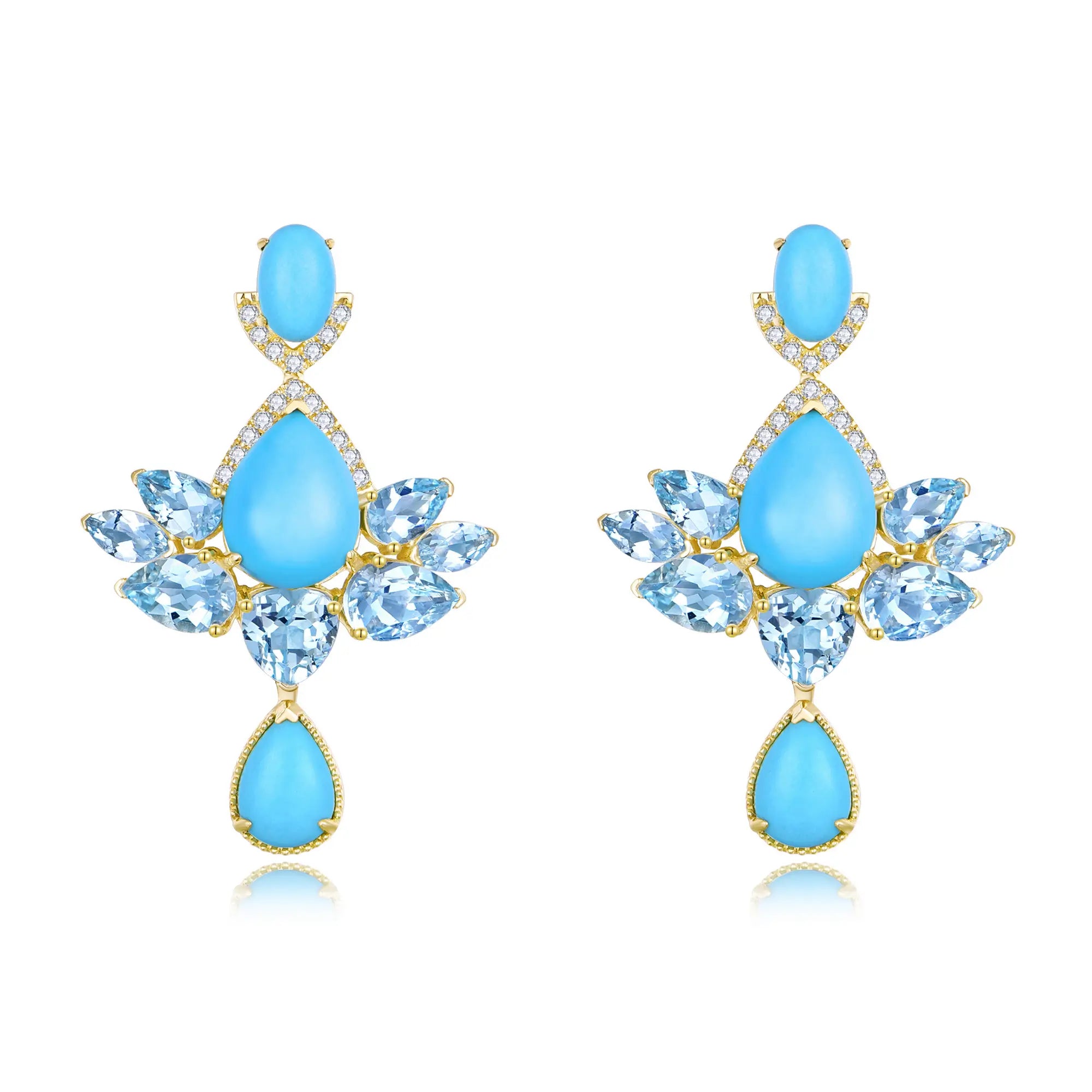Nina Zhou Awakened Lotus Natural Turquoise Aquamarine Diamond Drop Earrings 14k gold