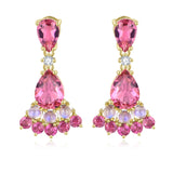 Natural Pink Tourmaline Moonstone Diamond Drop Earrings 14k yellow gold
