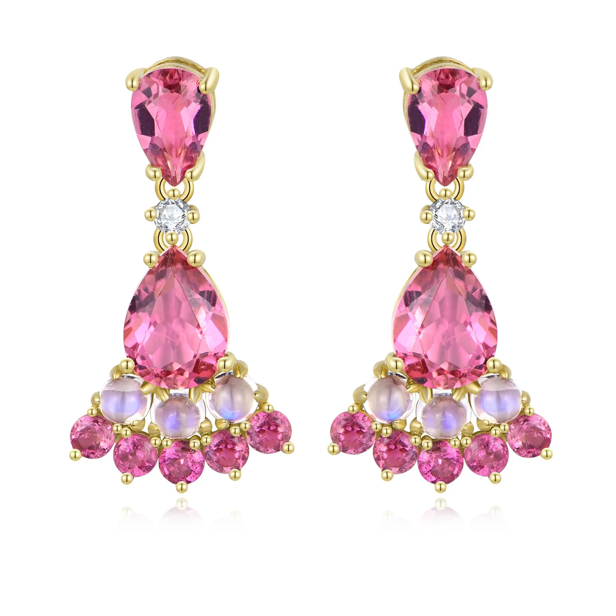 Natural Pink Tourmaline Moonstone Diamond Drop Earrings 14k yellow gold