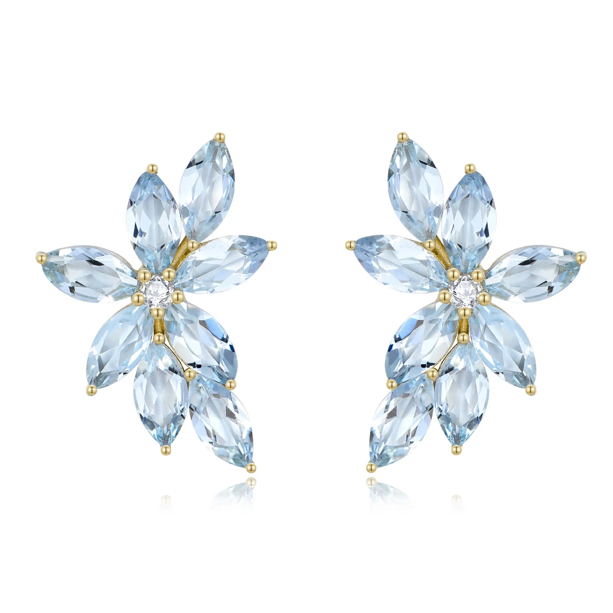natural Aquamarine Diamond Cluster Earrings 14k yellow gold 