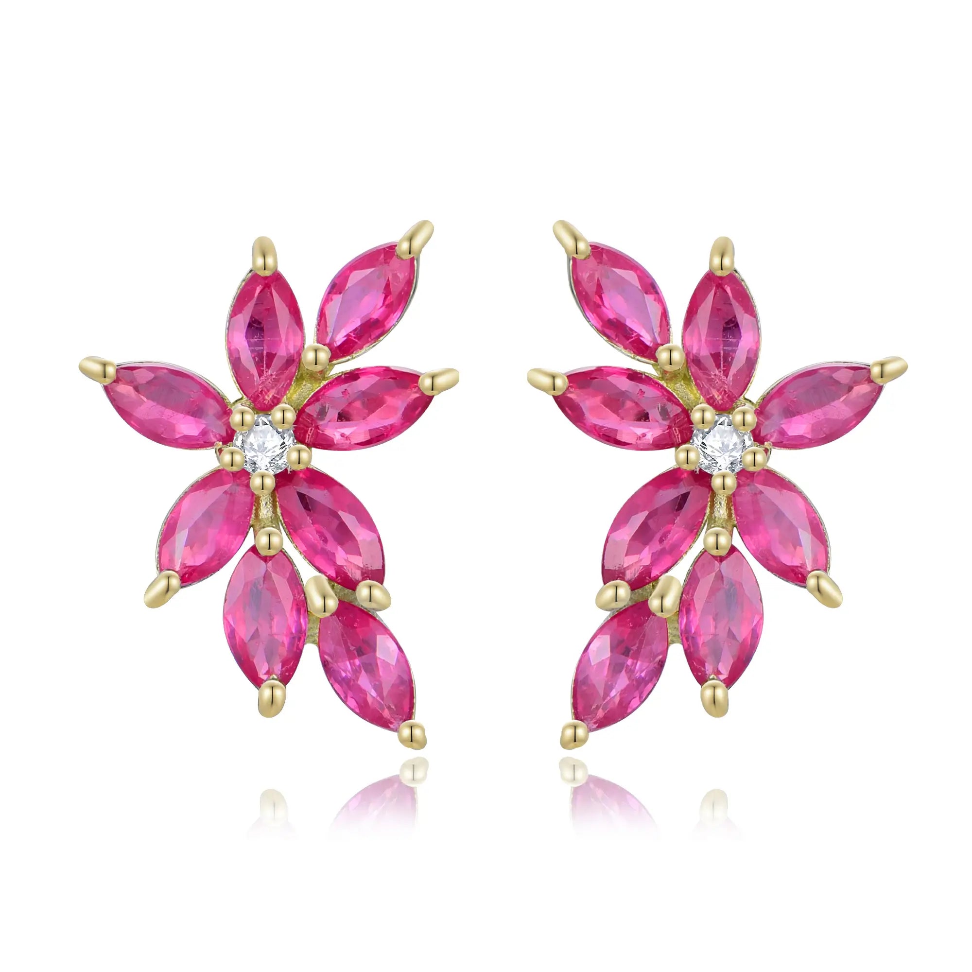 Natural Marquise Pink Sapphire Diamond Cluster Earrings 14k yellow gold