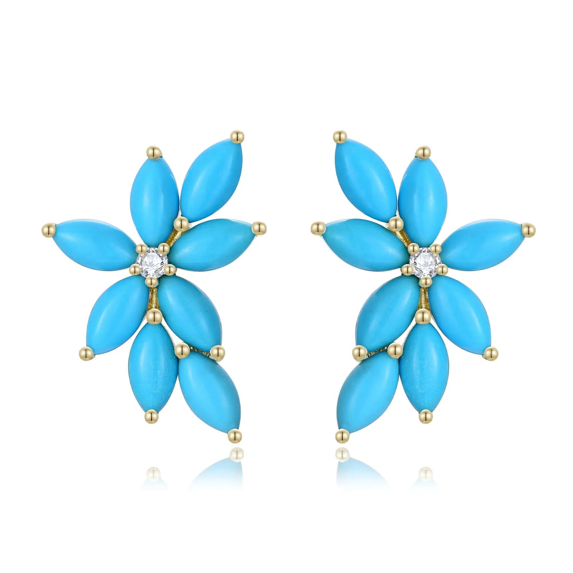 Natural Turquoise Diamond Cluster Earrings 14k yellow gold 