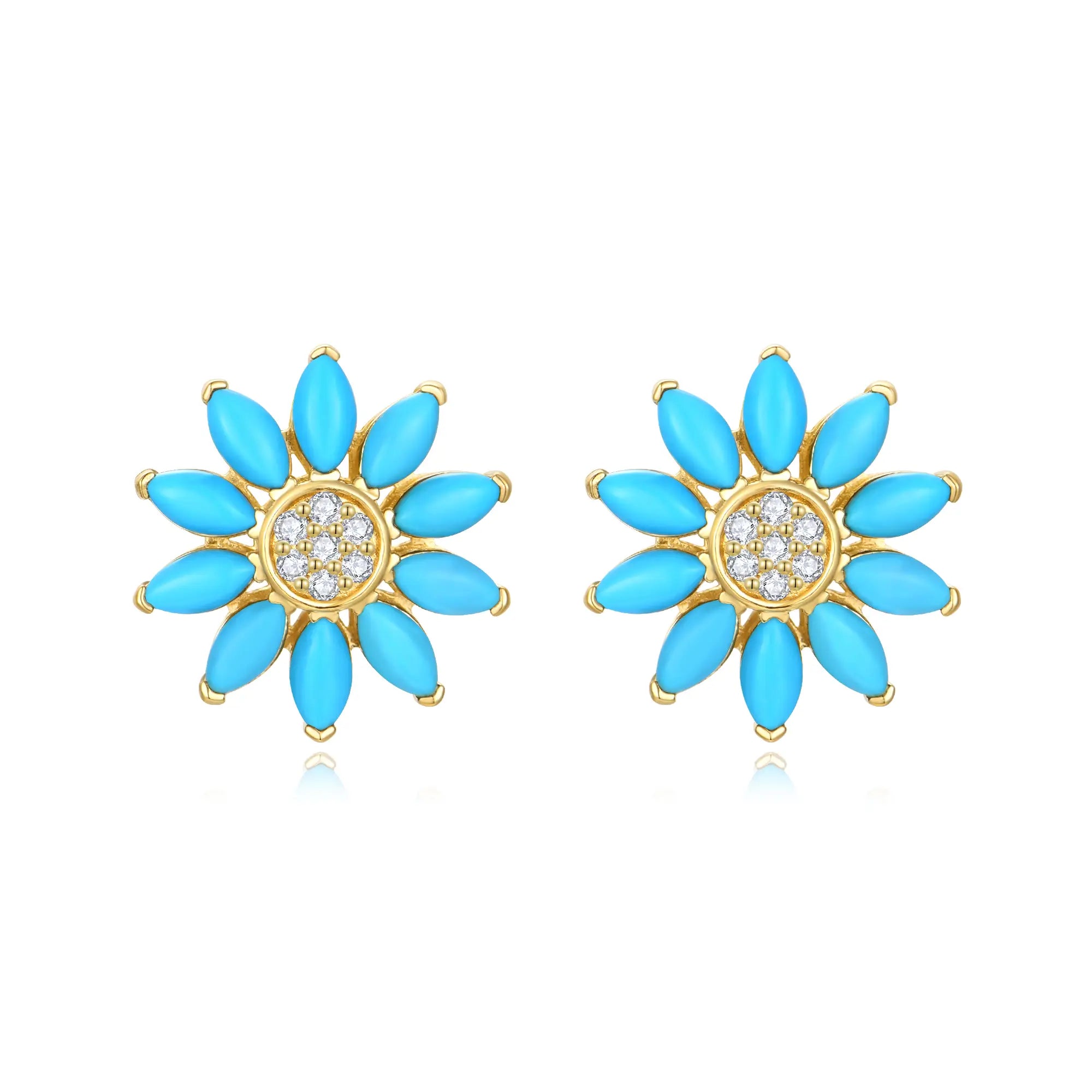 Sunflower Natural Turquoise Diamond Earrings 14k yellow gold 