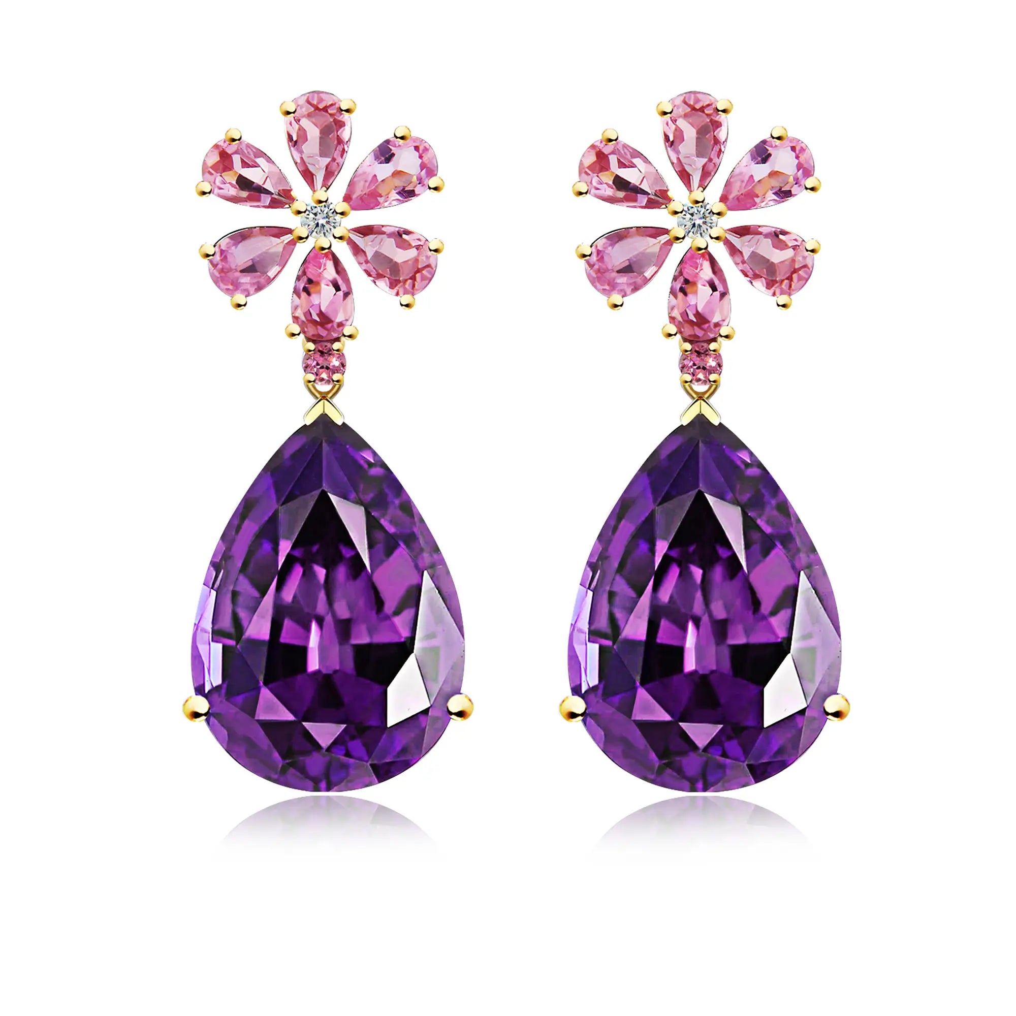 Natural Pink Sapphire Diamond Blossom Amethyst Drop Earrings 14k yellow gold