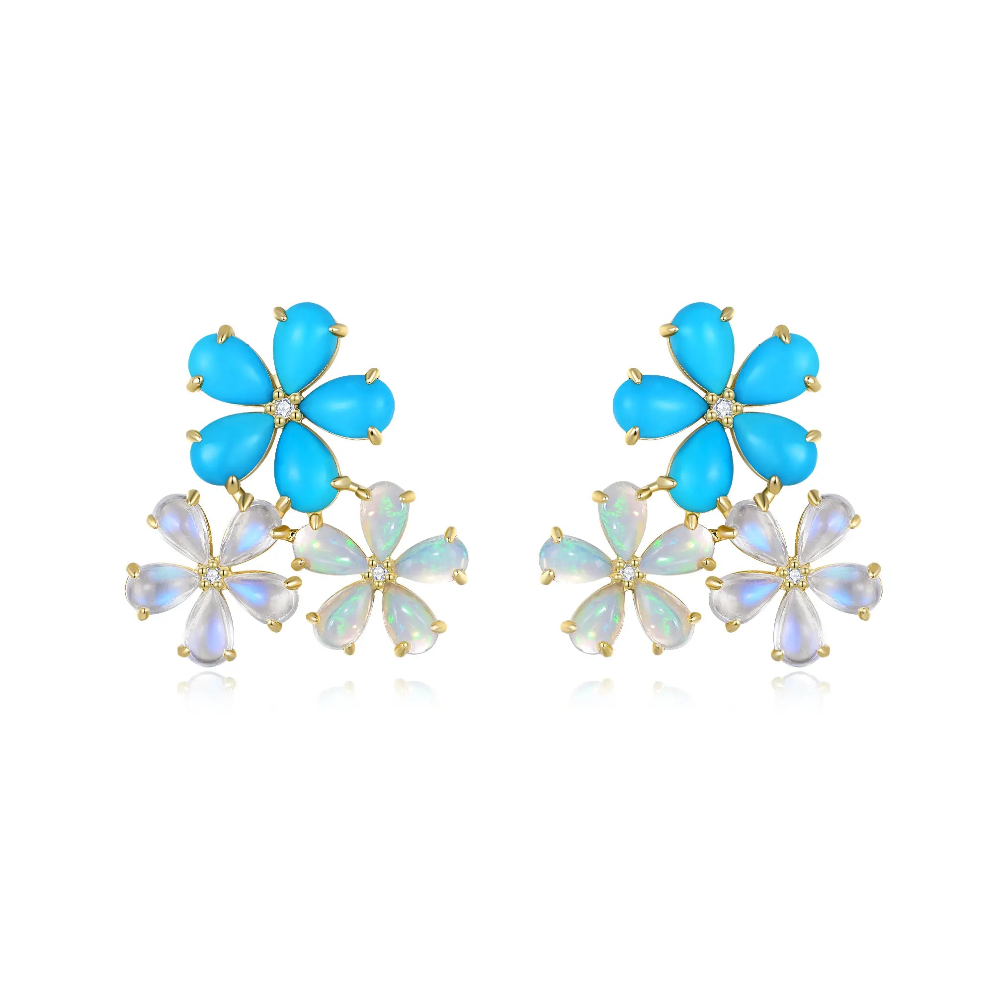 Natural Turquoise Moonstone Opal Diamond Flower Blossom Earrings 14K yellow gold
