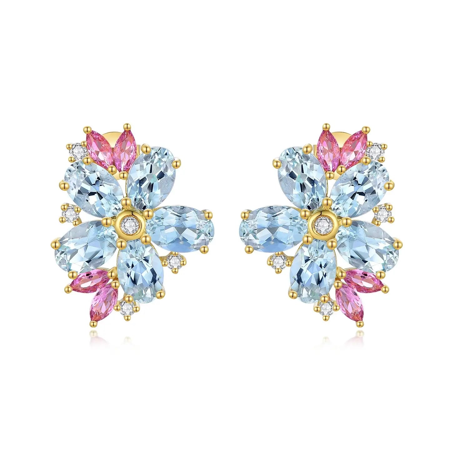 Aquamarine Pink Sapphire Diamond Blossom Earrings 14k yellow gold 