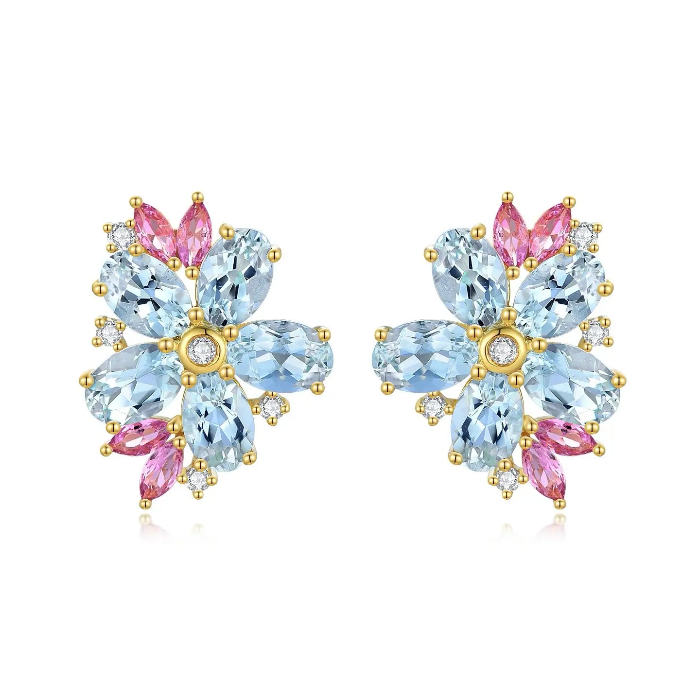 Natural Aquamarine Pink Sapphire Diamond Blossom Earrings 14k yellow gold 