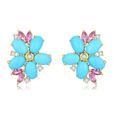 14k Yellow Gold Natural Turquoise Pink Sapphire Diamond Blossom Earrings