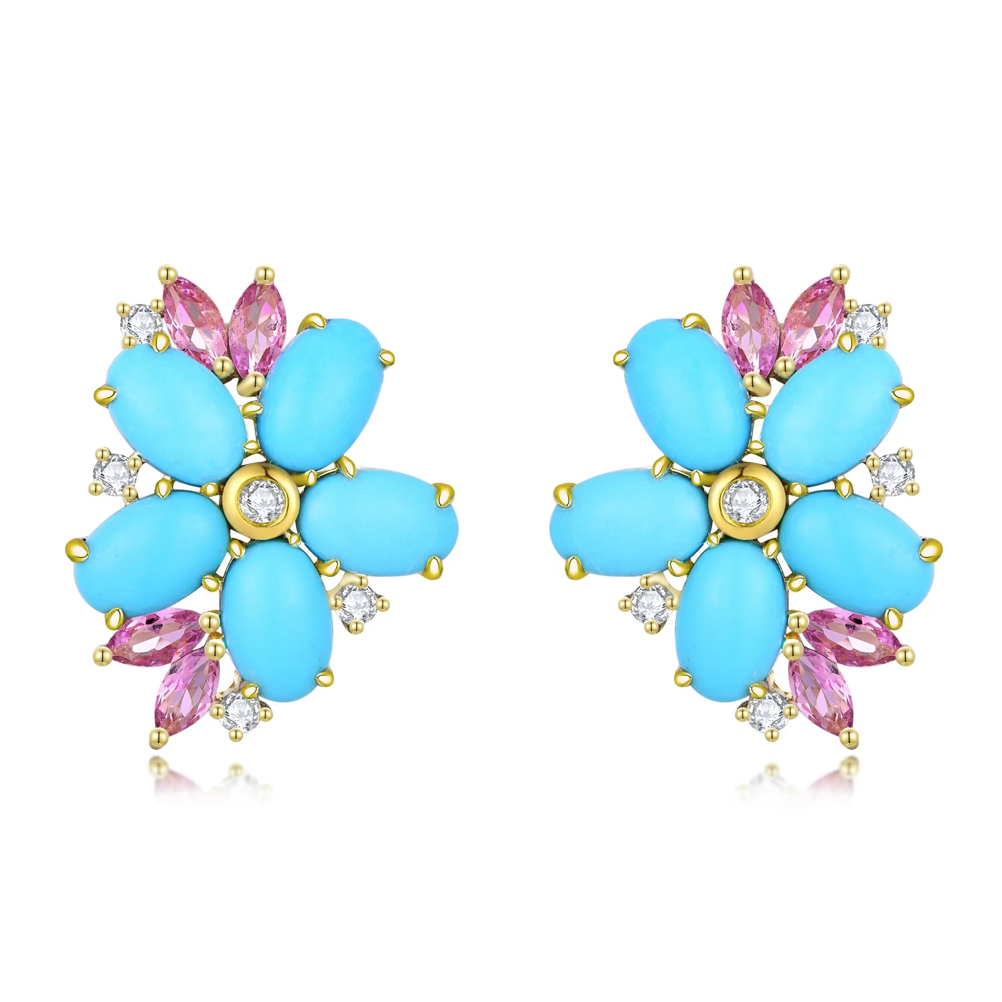 14k Yellow Gold Natural Turquoise Pink Sapphire Diamond Blossom Earrings