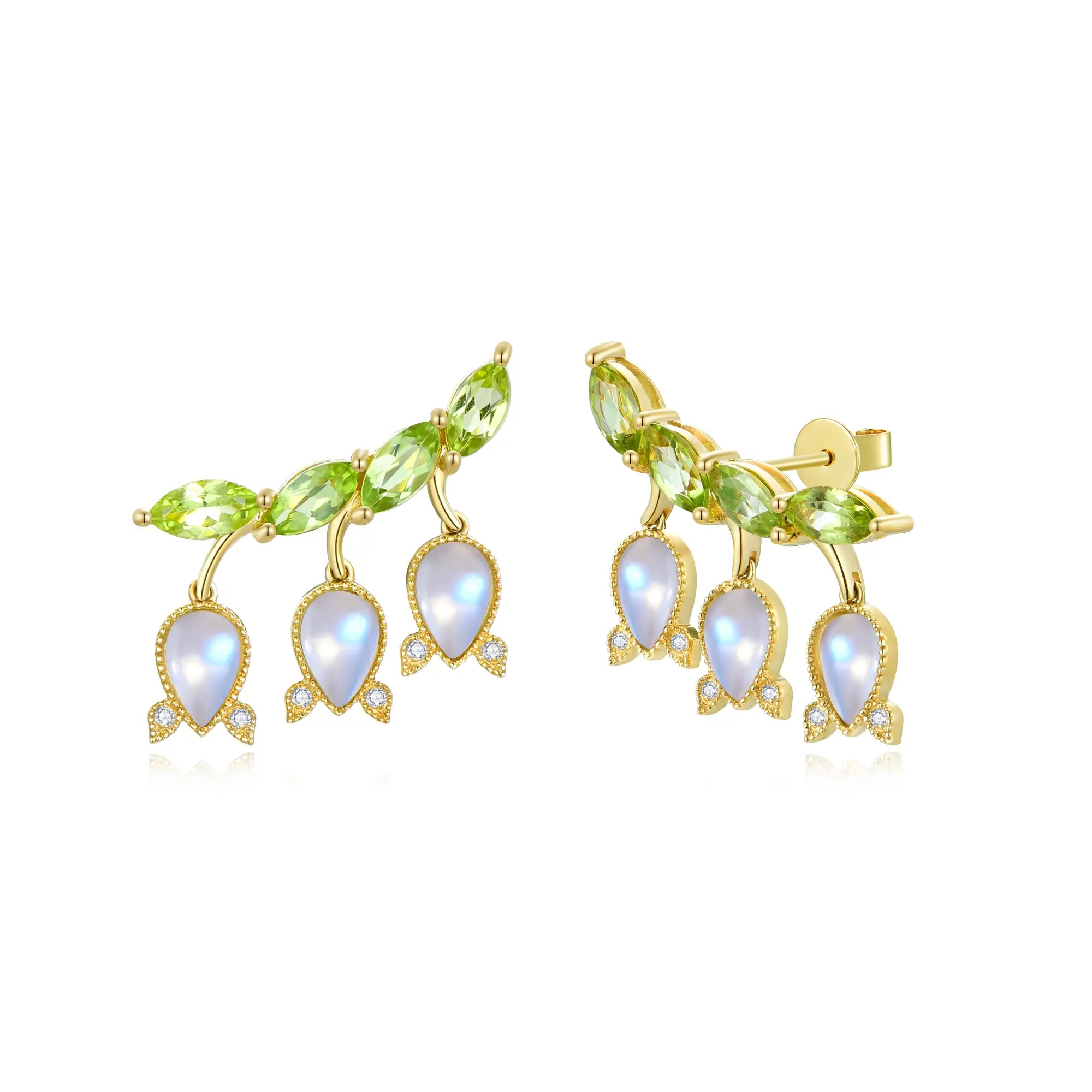 Lily of the Valley Natural Moonstone Peridot Diamond Earrings 14k yellow gold
