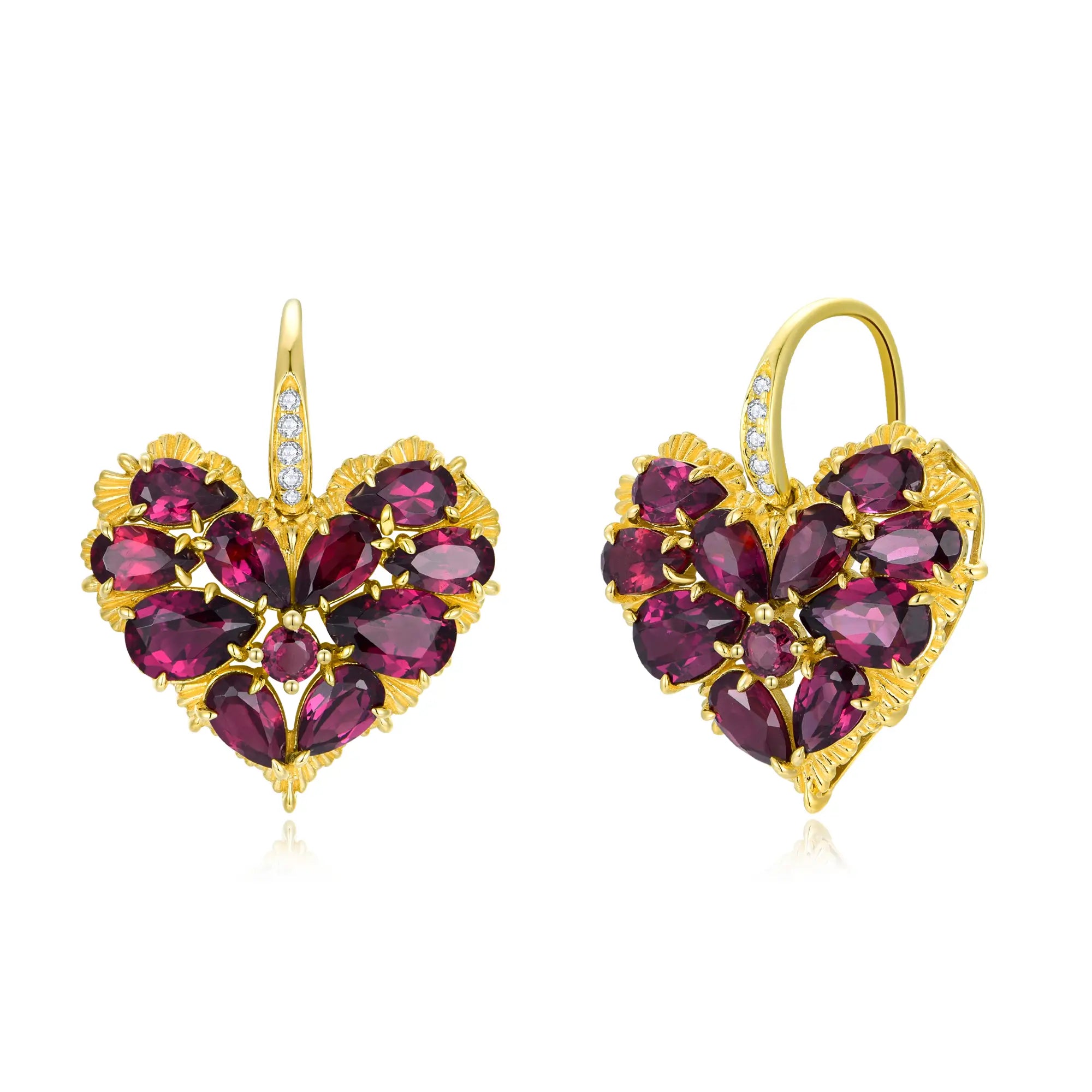 Fantasy Natural Heart Rhodolite Diamond Drop Earrings 14k yellow gold 