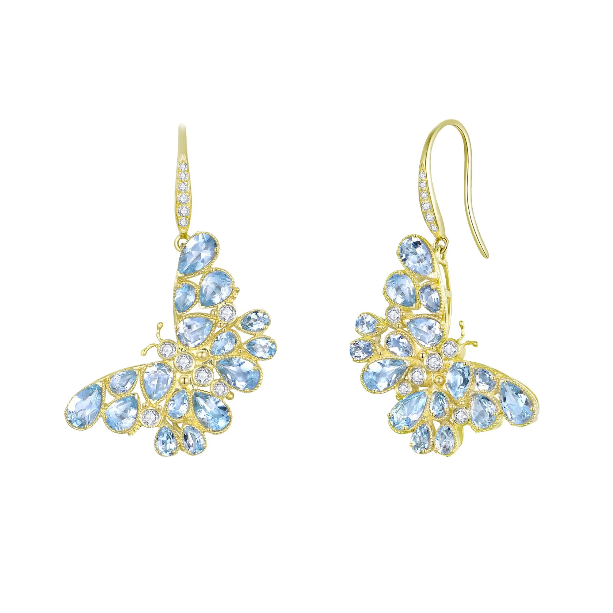 Nina Zhou Butterfly Blossom Natural Aquamarine Drop Earrings 14k gold
