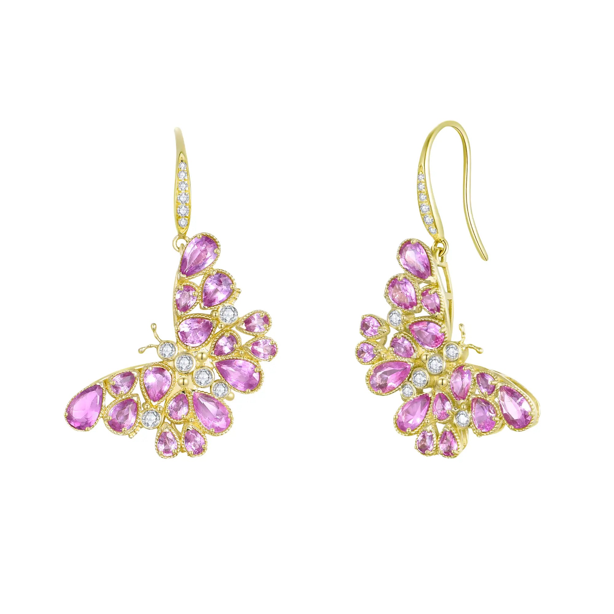 Butterfly Blossom Natural Pink Sapphire Drop Earrings 14k yellow gold