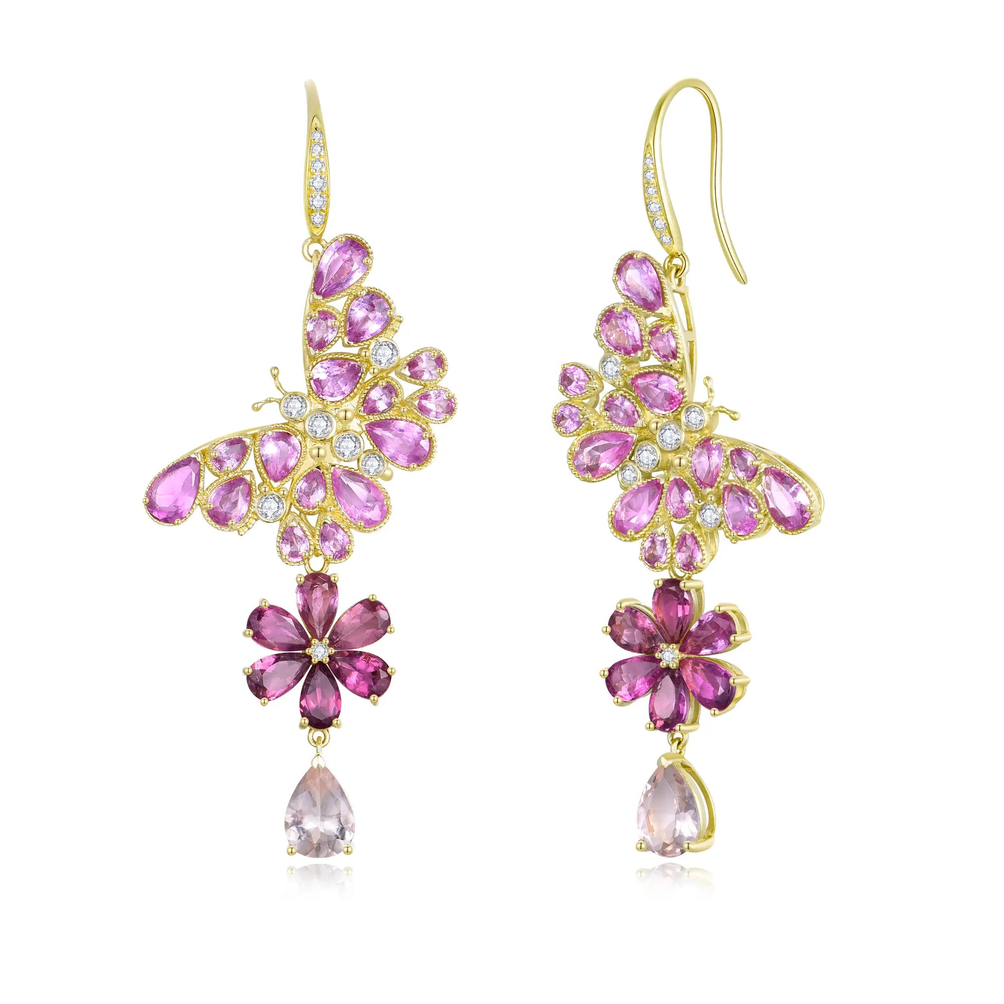 Butterfly Blossom Natural Pink Sapphire, Tourmaline, Morganite & Diamond Convertible Drop Earrings 14k yellow gold