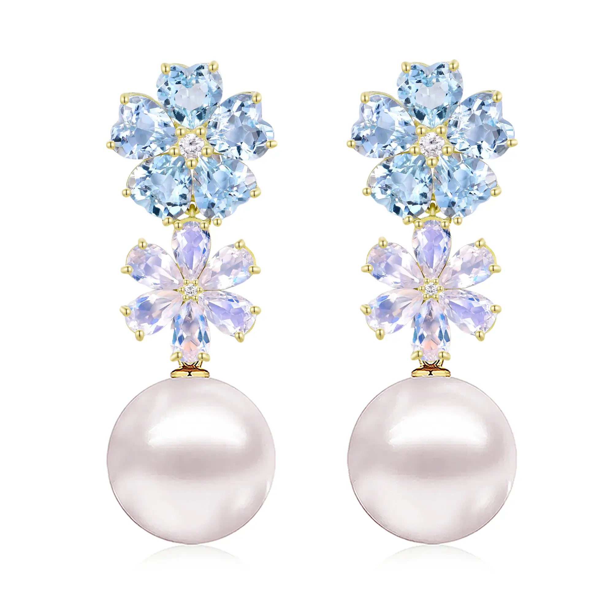 Nina Zhou 14K Gold Island Blossoms Natural Aquamarine Moonstone Diamond Freshwater Pearls Convertible Drop Earrings