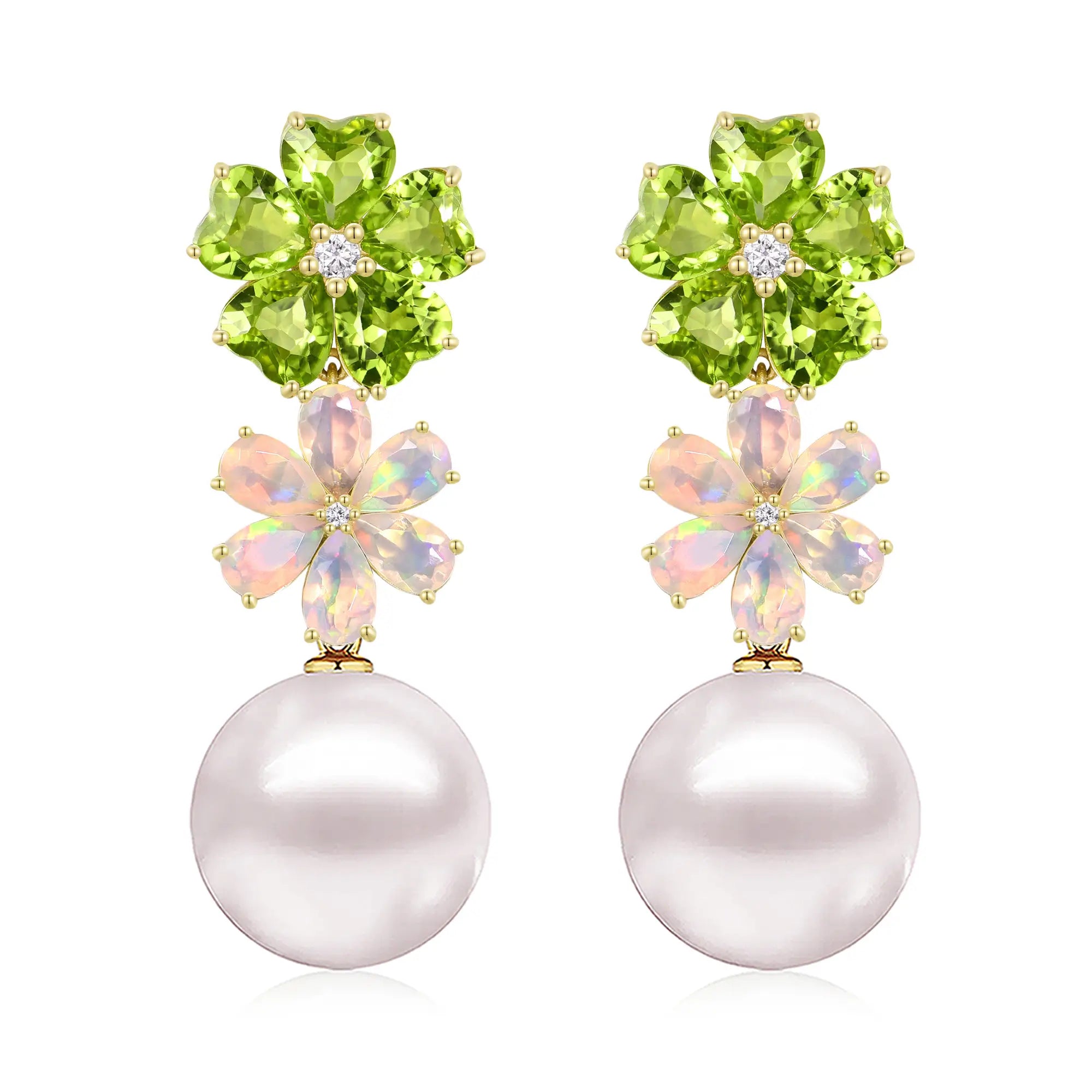 Nina Zhou 14k Gold Island Blossoms Peridot Opal Diamond Pearl Convertible Drop Earrings